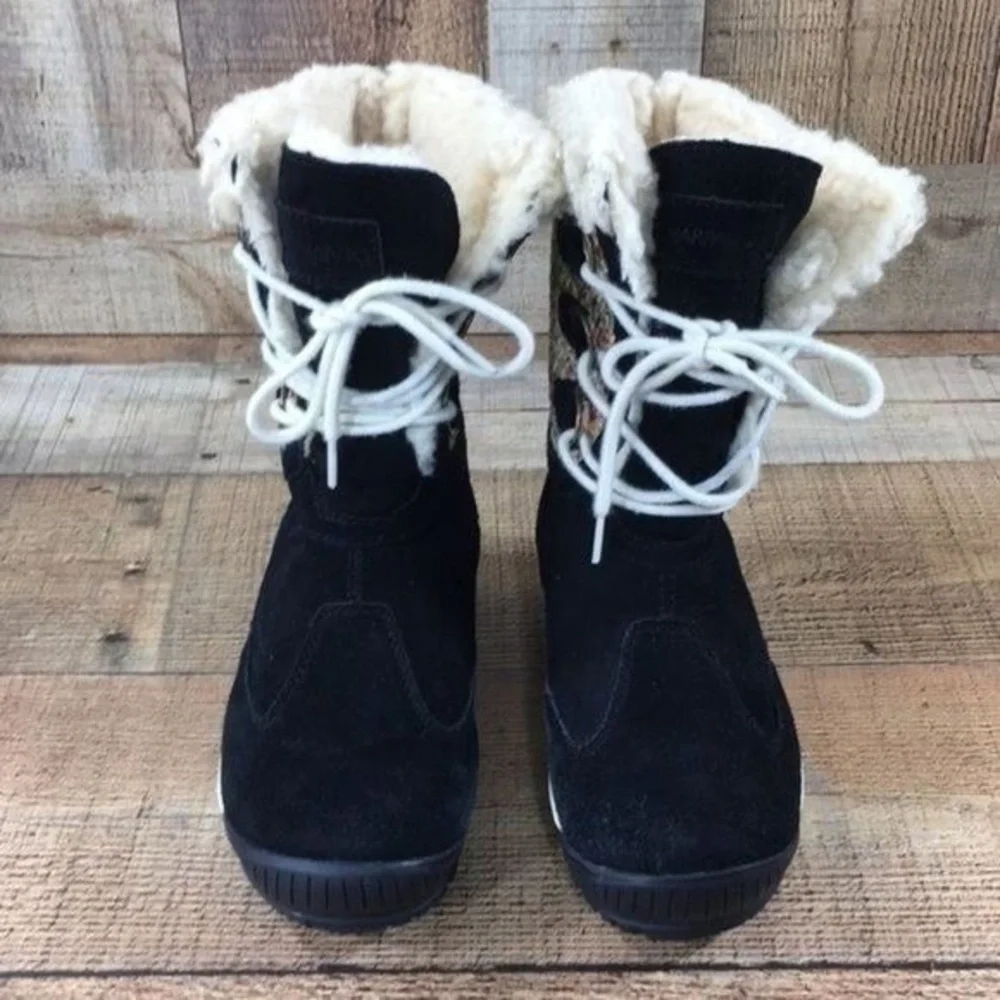 Bearpaw Ophelia Suede Dyed Sheep Fur Black Boots‎ Womens 6 Mid Calf Booties